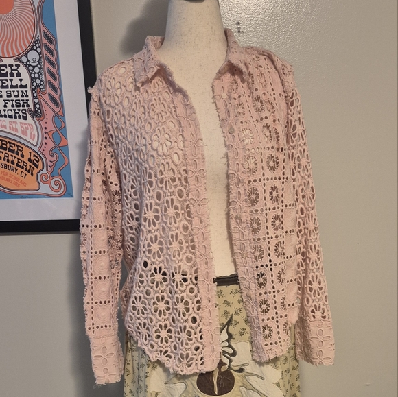 Free People Tops - Free People Pink Lace Button-Up Shirt Yesenia Mae Crochet Shacket Large NWT top